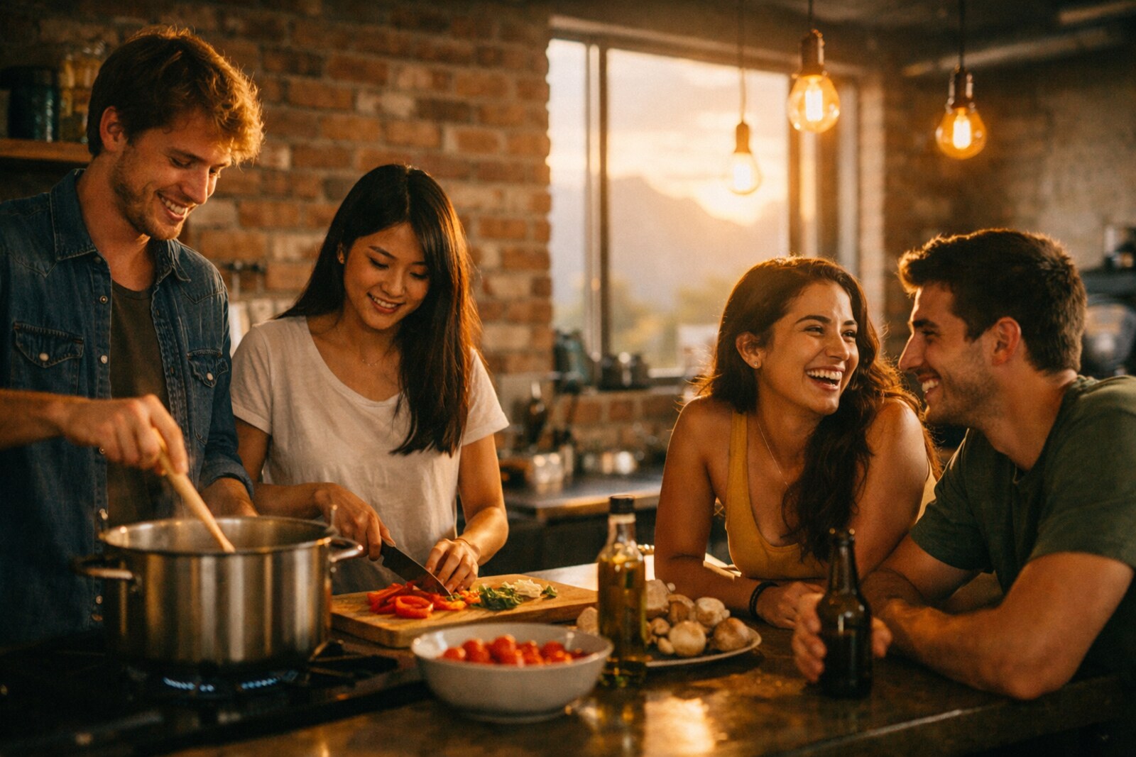 Exchange students cooking together