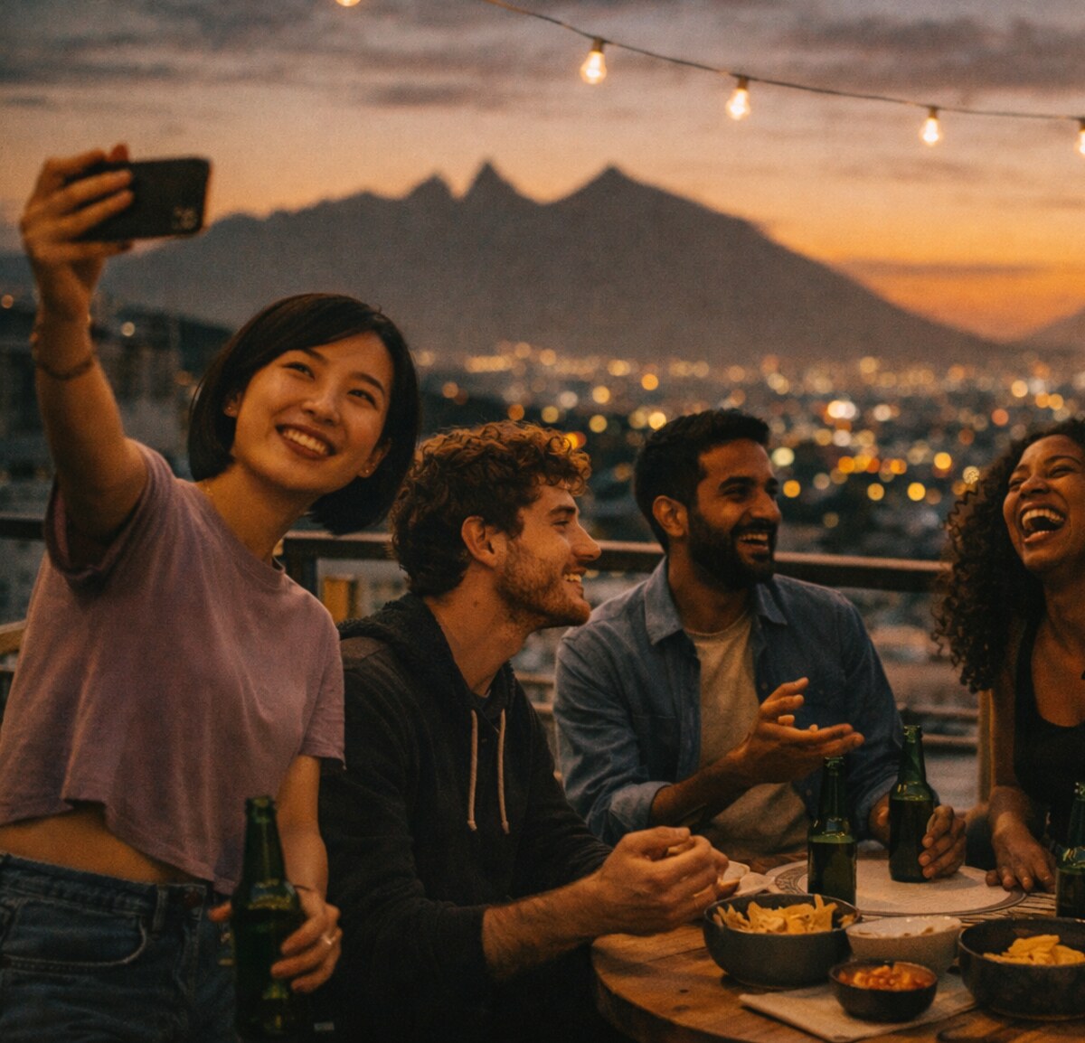 Students on rooftop at sunset